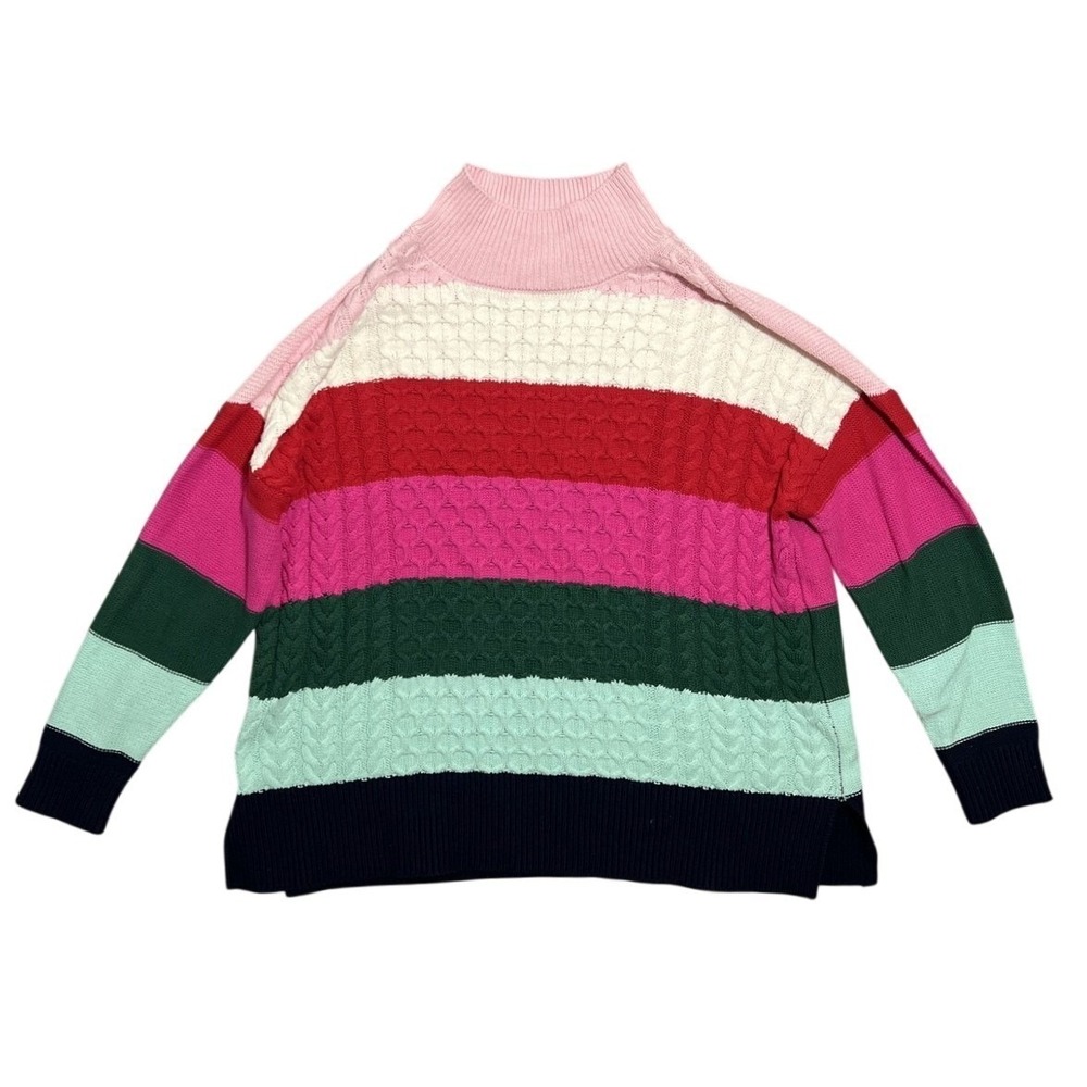 Crown & Ivy Women's M Striped Cable Knit Mock Neck Sweater Cotton Blend Colorful